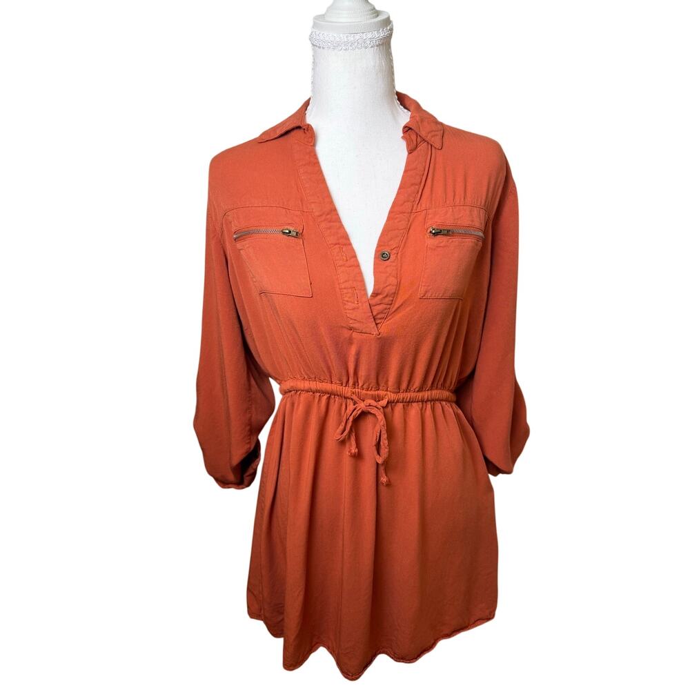 New Look Rust Orange Utility Shirt Dress Drawstring Waist Zip Pockets